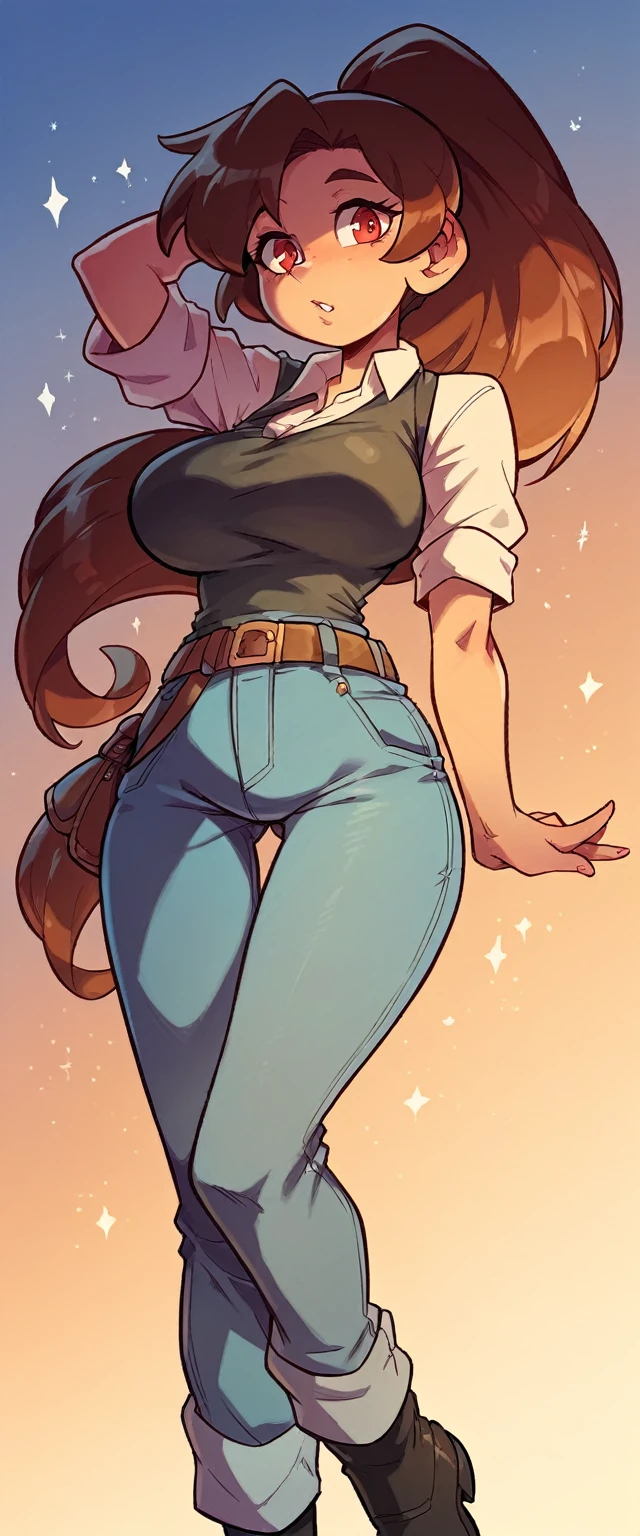 A tall girl, sexy, big breast, beautiful, cute, long brown hair, ponytail, red eye, she wears a white shirt under a short sleeveless black vest and blue jeans, a brown belt, a black heel.