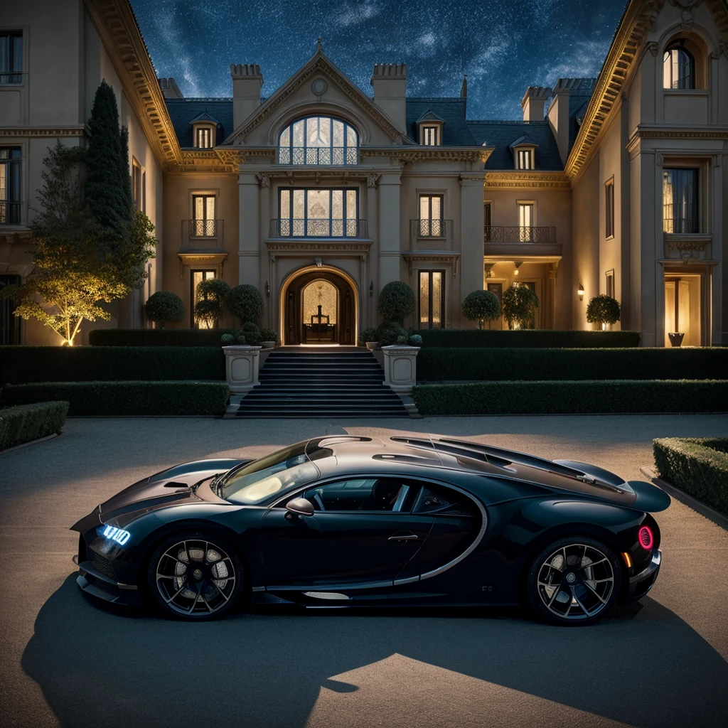 Two brothers in their two Bugatti Chiron waiting in front of their luxurious house at night, with the car's sleek design illuminated by the glow of the mansion's lights. The scene is filled with opulence, showcasing the grandeur of the house with its tall windows and intricate architecture, all under a starry sky."