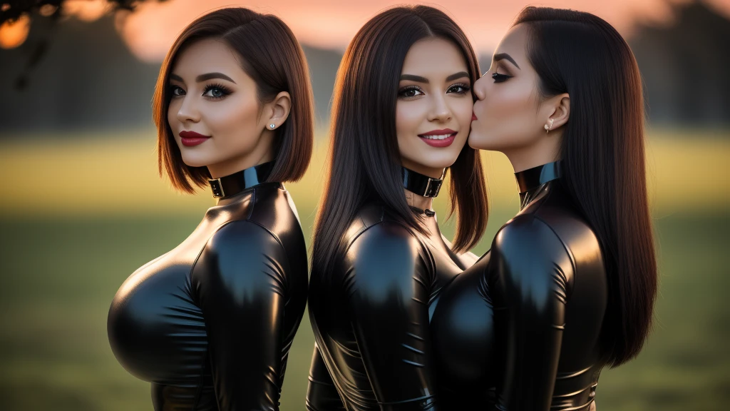three girls, masterpiece,best qualtiy,hdr, hyper HD, 8K,Bokeh,Ultra-fine painting,Sharp focus,Physically-based rendering,Extreme detail description,portraitures,full-body photo,back turned at viewer, (long bob_cut hair), Sexy smile, choker, (latex suit:1.2), (in sunset light:1.2), (kissing:1.2), perfect eyes, perfect hands, perfect body, perfect hair, (Big breasts:1.4), (smile:0.95), choker, (black eyeshadow:1.1), (red lips:0.90), (EOS R8, 50 millimeters, F1.2, 8K, RAW photo:1.2), photograph by arny freytag