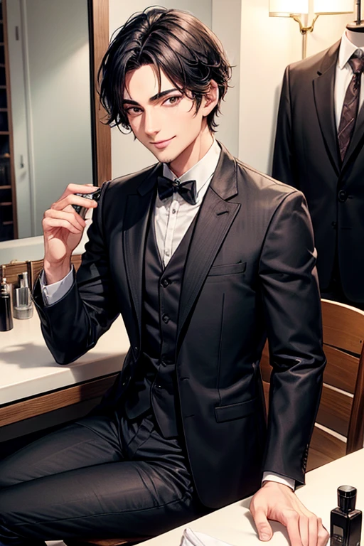 （（Tabletop））,Black-haired man, 30 years old, looking at the camera,Expressionless,Hazelnut Eyes,short hair,2 block hairstyle,Handsome face,Jacket,Suit pants