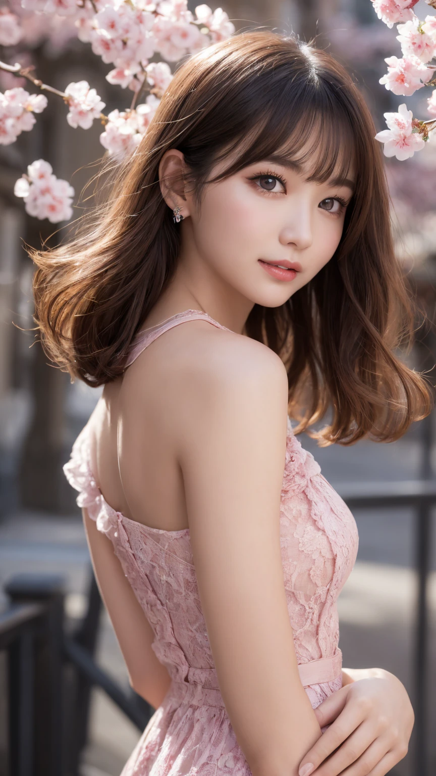 table top, highest quality, figure, Super detailed, finely, High resolution, 8k wallpaper, Perfect dynamic composition, detailed and beautiful eyes, pink dress,medium hair, Natural color lip,gentle smile,big city、20 year old girl、midnight、beautiful and detailed face、perfect and beautiful face、slim face and style,Big eyes、small face、cherry blossoms、wink