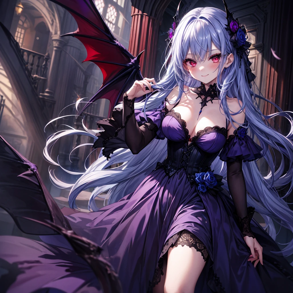 high quality, High resolution, beautiful, detailed, woman, 1 person, Blue-violet hair, Mid-length hair, Red eyes, slim, blush, Mischievous(Sexual), vampire, Torn Dress, sexy,Dark fantasy, mysterious, complicated,