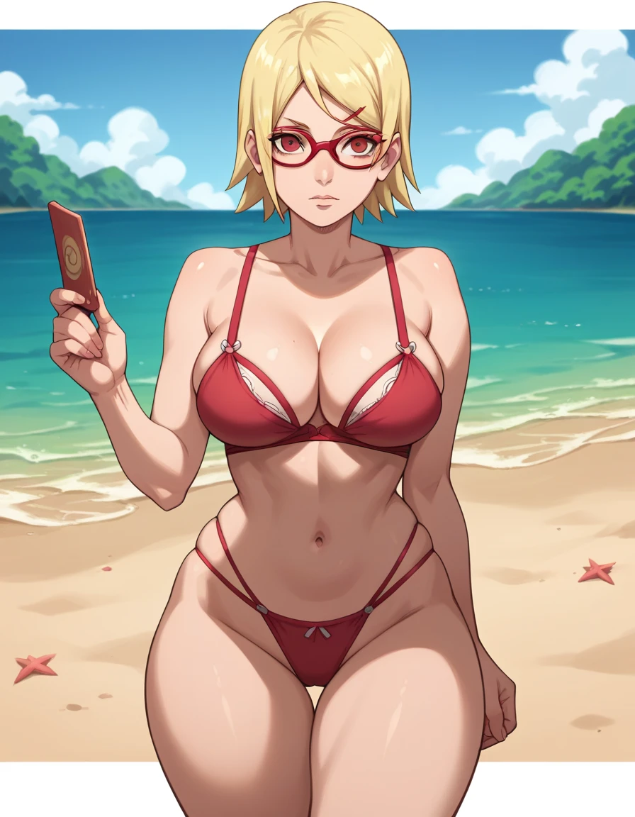 Masterpiece,Solo,1girl,Sarada Uchiha,(Boruto),Big Breasts,Perfect Body,Sexy Body Hot,High Quality,High Resolution,Photograph 16K,Short Hair,Glasses,Ultra Detailed,Beautiful,Beautiful Girl,Mini Bra And Panties,Beach Background 