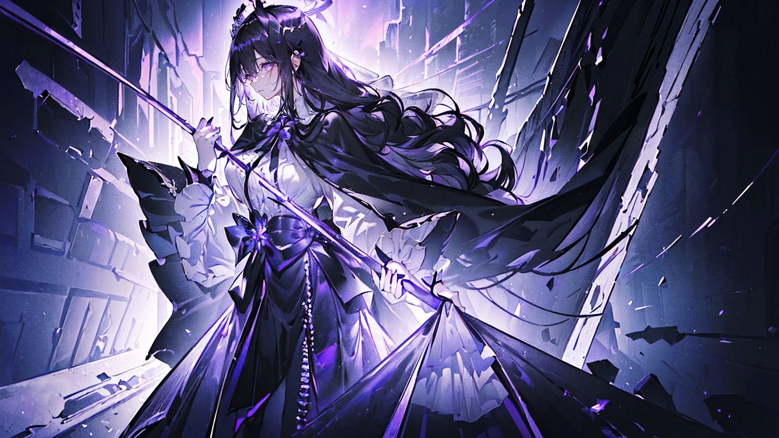 (Super detailed)),((illustration)),((masterpiece)),(((need))),((fine、Highest quality CG Unity 8K wallpapers,masterpiece),((4K,masterpiece,best quality)),Black hair queen,Waist-length hair,Royal sister,Sexy,Tall figure,Lilac eyes,Standing upright in a coffin,mummy,The whole body is wrapped in bandages,There is a coffin beside him,Mature,Hair Bunch,Hair tied on both sides,Black and purple French vintage clothing,Gorgeous pure black cape,Black veil,Purple-white halo,Black purple boots,Wearing a crown on the head,Holding a knight's sword,pyramid,Emitting dim purple light,Brilliant palace,Mysterious symbols,individual,Emit a dim light,Full body picture