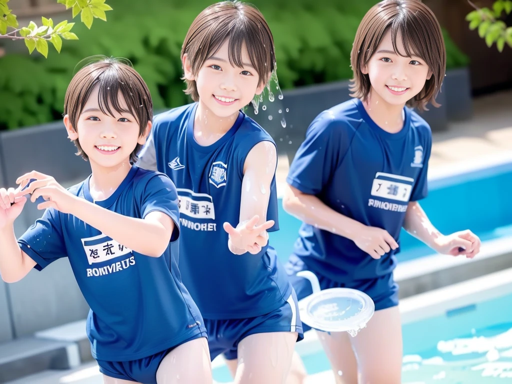hot summer、、Summer swimming pool、It is sunny、Pouring water on each other、Boys' school、Get wet all over、Japan Boy、Glowing water splashes、Pool lessons、Boy playing in water、The happy boys、Strong sunlight、Short sleeve gym uniform、Blue shorts、barefoot，There are only boys 、１０age、high resolution、masterpiece