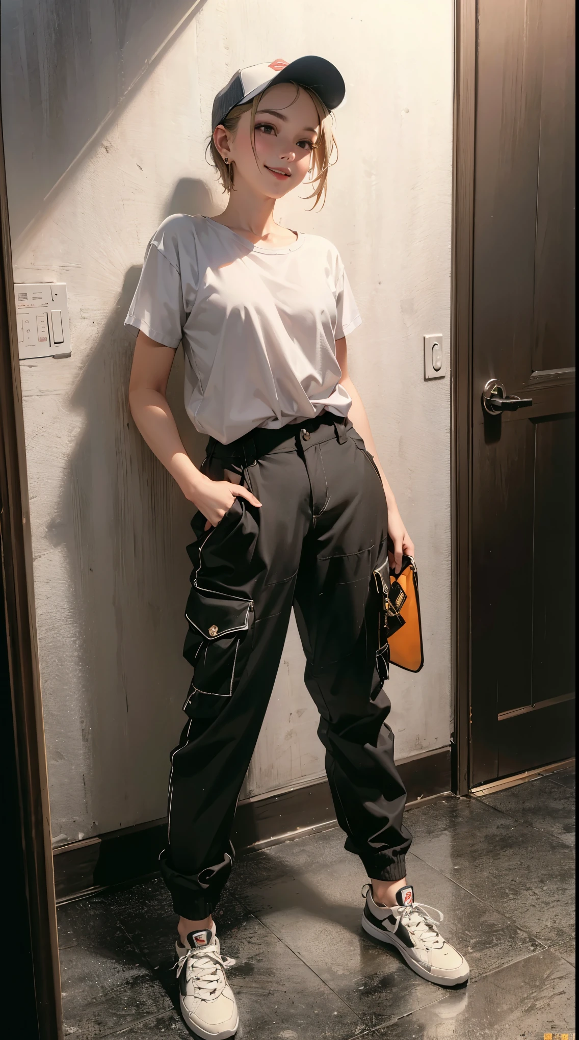 Cinema Lighting,Precision human body,RAW photos,4K - Ultra-realistic,best quality, masterpiece, Ultra-high resolution, (Reality: 1.4),((linoleum,Radiant Skin、Reality的 skin texture、Beautiful skin in every detail、Glowing skin、Glowing skin))、beautiful eyes, Perfect face and eyes、Super Resolution,(Reality的:1.3),(1 Slim girl), Fashion Girl, (Smile),Baseball cap, earrings,(Loose cargo pants)