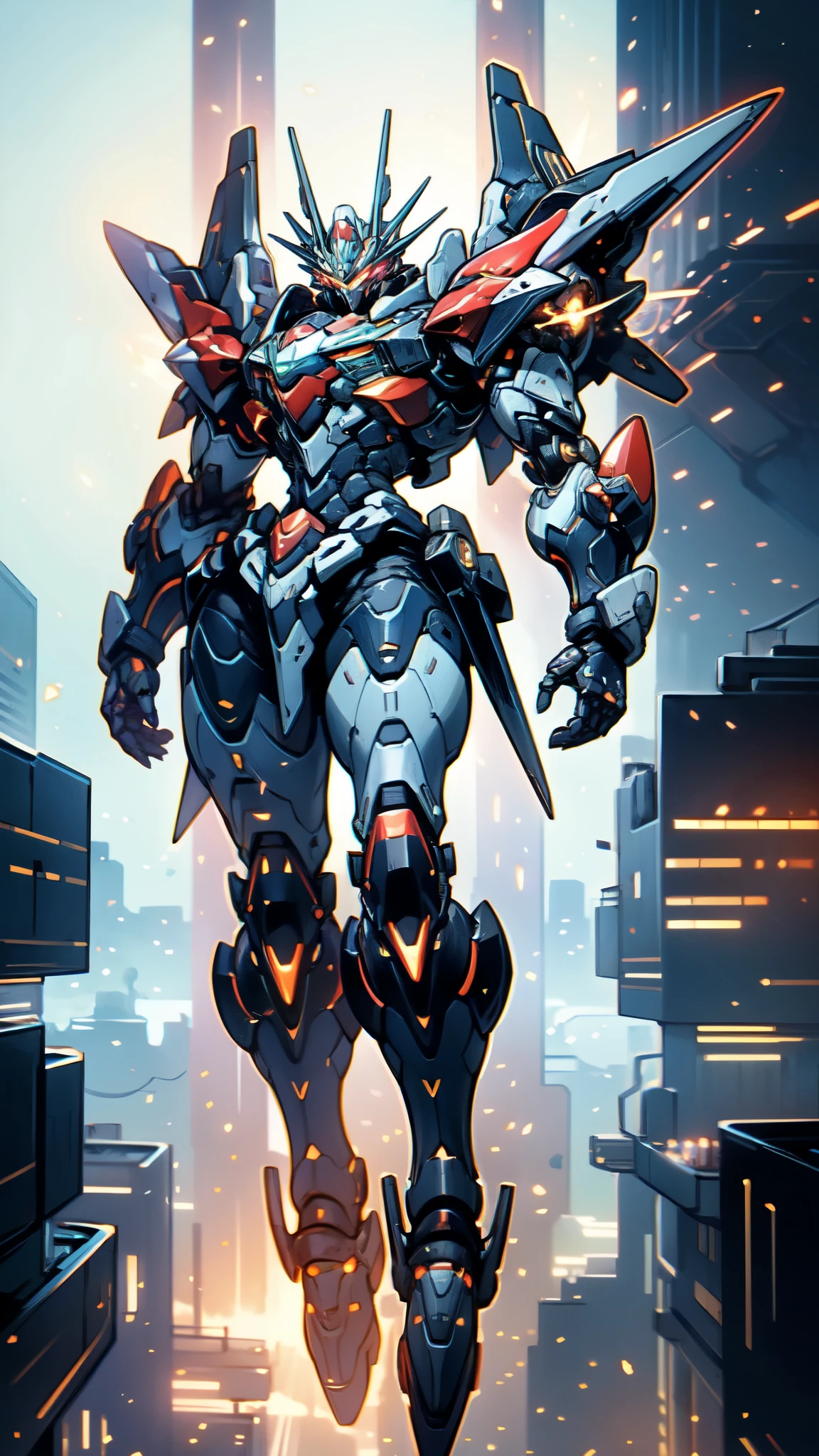(masterpiece:1.5, best quality:1.5, extremely delicate:1.5), humanoid Mecha, fully enclosed shoulder guards, matching arm and leg guards, full body, full armor, the design balances heavy with agility, (the color scheme is primarily white with red and blue accents, the concept Inspired by Super robot, organic biotech armor, standing, floating high above the futuristic sci-fi city), exquisite and mature art style, (aura effect, energy, glowing eyes, the armor glows), metallic, dramatic, high definition, highres, ultra-detailed, ultra-fine painting, professional, perfect body proportions, anatomically correct, symmetrical face, extremely detailed eyes and face, high quality eyes, creativity, RAW photo, UHD, 32k, Natural light, cinematic lighting, masterpiece-anatomy-perfect