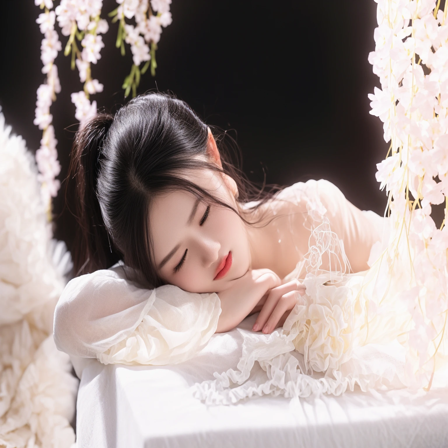 there is a woman laying on a table with a glass of wine, lie on white clouds fairyland, palace , a girl in hanfu, lovely languid princess, dreamy atmosphere and drama, peaceful and graceful, sha xi, inspired by Tang Yin, taken with canon 8 0 d, portrait of a woman sleeping, photo taken with nikon d 7 5 0