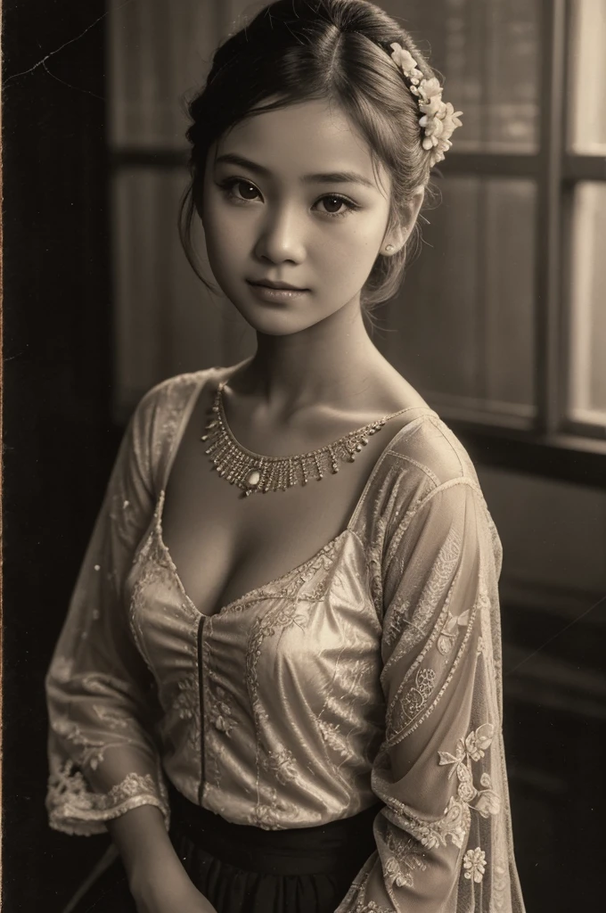 arafed photo of a young Indonesian girl in kebaya clothes, inspired by RA Kartini, kebaya photo, old sepia photography, young girl, beautiful, vintage photography, kebaya photo, antique photo, beautiful young girl, cute 18 year old young girl, young, black - white retro photo 1980, vintage photography, antique photos, old photography, hair in a bun or bun, cute face,