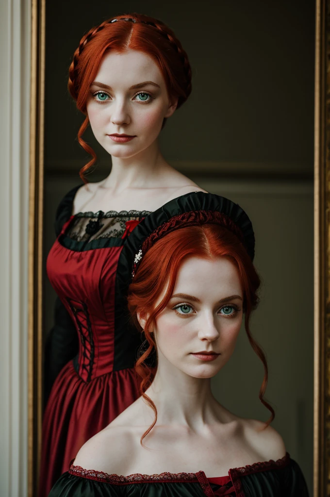 Portrait of a pale tea woman, green eyes, redhead and a black and red victorian dress.