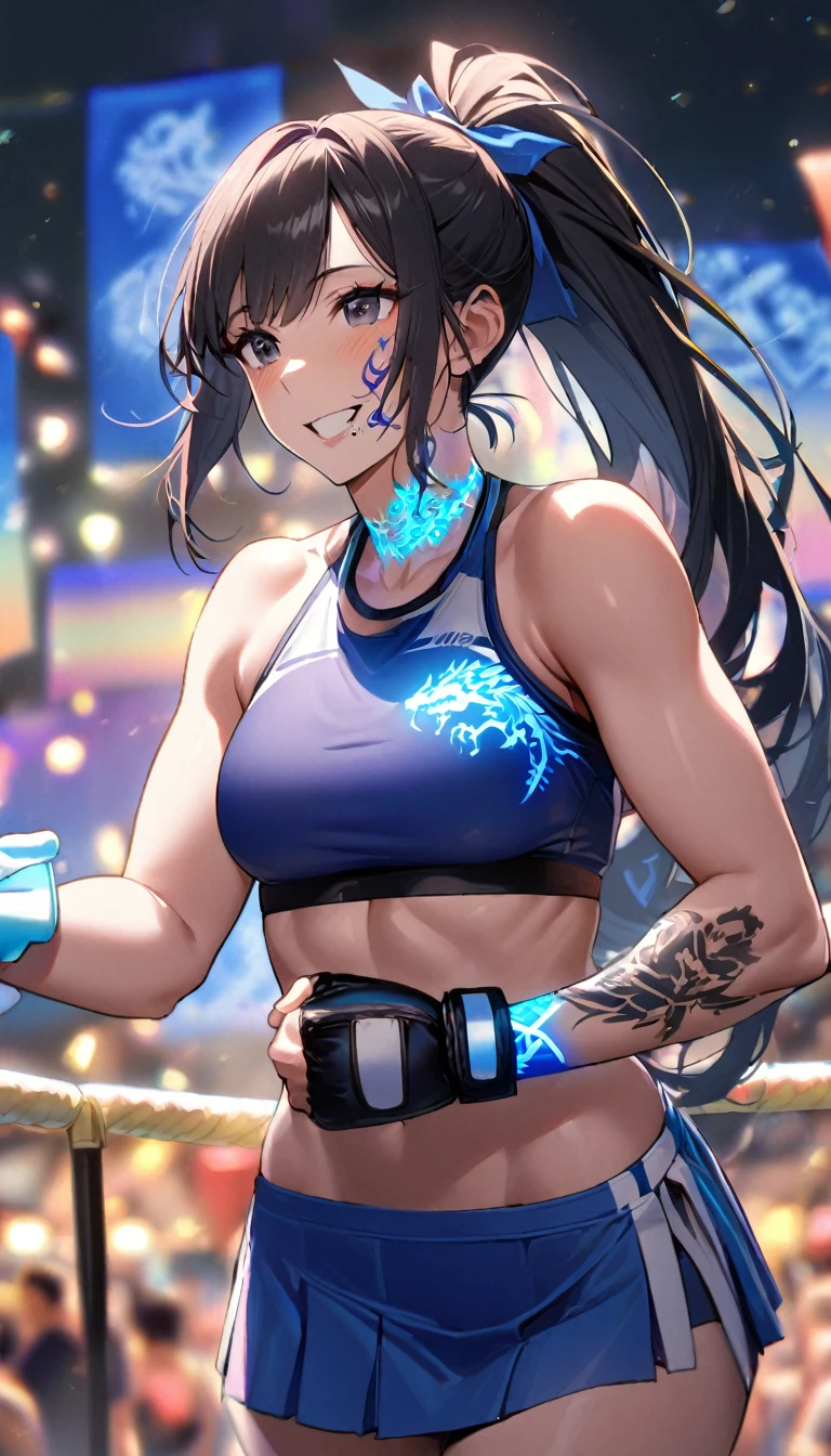 an illustration (young woman, wrestler fighter/kicking, abs, sports bra, erect nipples, (((intricate))) Sparkling light reflects(round breasts), up twin-tails hair, octagon, UFC), dynamic action, in WWE, core intelligence, Run Faster, colorful, intense shading, ((from below)), 