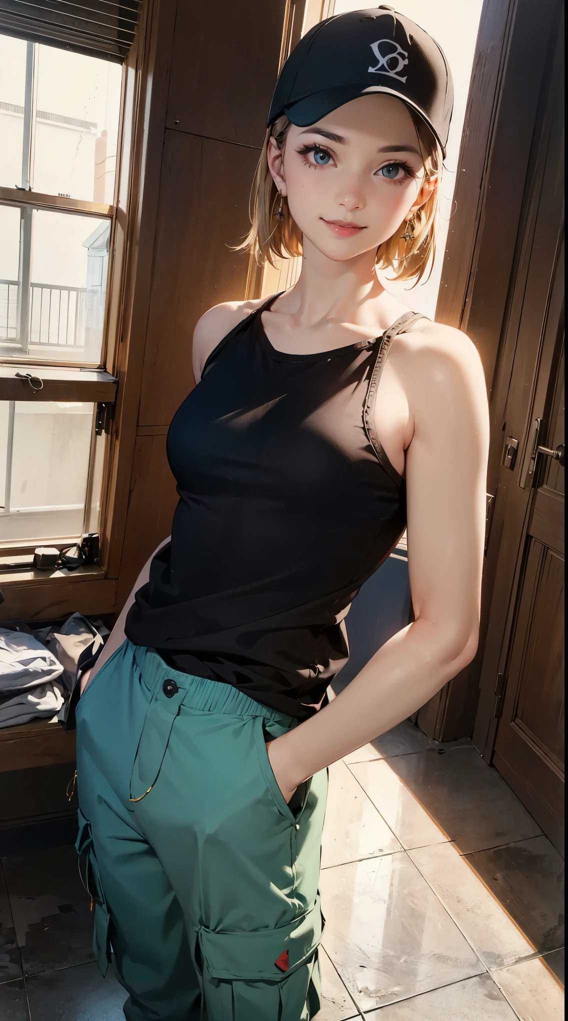 Cinema Lighting,Precision human body,RAW photos,4K - Ultra-realistic,best quality, masterpiece, Ultra-high resolution, (Reality: 1.4),((linoleum,Radiant Skin、Reality的 skin texture、Beautiful skin in every detail、Glowing skin、Glowing skin))、beautiful eyes, Perfect face and eyes、Super Resolution,(Reality的:1.3),(1 Slim girl), Fashion Girl, (Smile),Baseball cap, earrings,(Loose cargo pants)