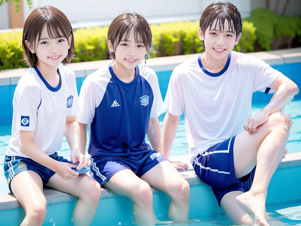 hot summer、primary school、Summer swimming pool、It is sunny、Pouring water on each other、Boys' school、Get wet all over、Japan Boy、Glowing water splashes、Pool lessons、Boy playing in water、The happy boys、Strong sunlight、Short sleeve gym uniform、Blue shorts、barefoot，There are only boys 、１０age、high resolution、masterpiece
