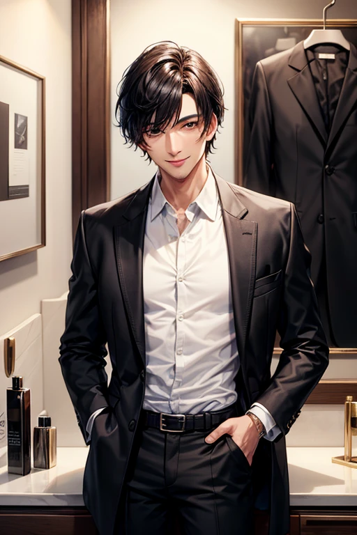 （（Tabletop））,Black-haired man, 30 years old, looking at the camera,Expressionless,Hazelnut Eyes,short hair,2 block hairstyle,Handsome face,Jacket,Suit pants