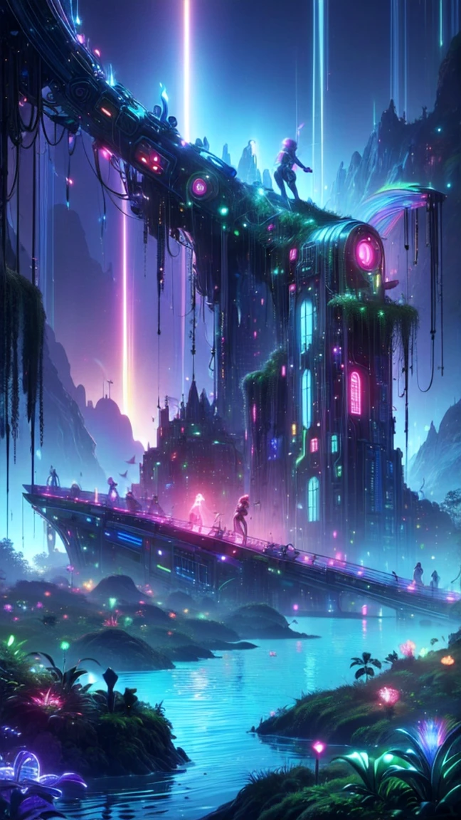 top quality, future world, State-of-the-art robot, Beautiful Woman, flying hair, Transformed into a cyborg except for the face, Transformed into a cyborg except for the shoulder, sexy images, whole body photo, back view photo, ((mysterious island, mysterious atmosphere, mysterious pool, mysterious mountain, mysterious rainbow, mysterious background))
