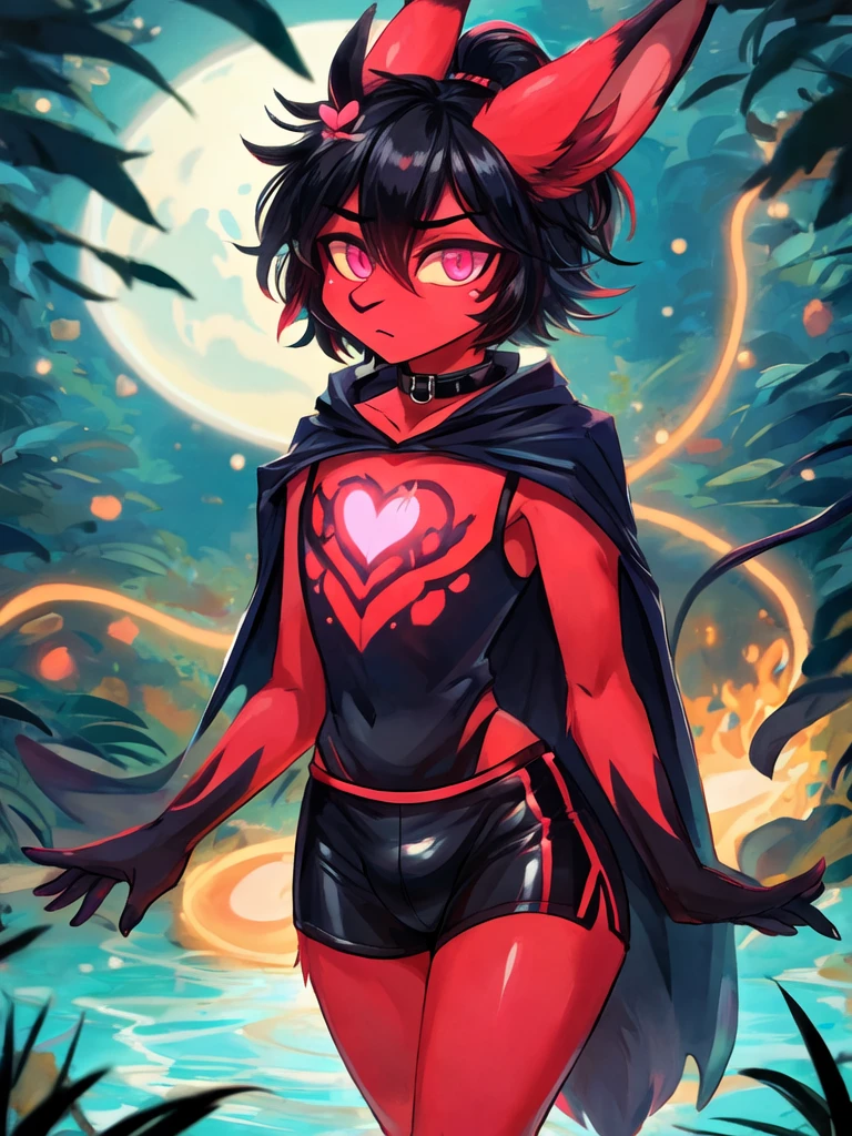 (furry:1.5), rabbit male, pink eyes, red skin, black hair, black short hair ponytail, ears covered by hair, female appearance, black hand, bunny black bare feet, Heart-shaped mark on chest, (ultra detailed), shy, soft, (detailed fur:1.2), beautiful lights and shadows, sharp focus, looking at viewer, (body fur:1.2), (masterpiece), demon elements on body, (Depth of Field), (detail), red hairpin, rubber collar, cloak, dolphin shorts, bulge, nude, with rich contrasting tones of black and red, handsome, normal body type, Acting cute, standing in the night forest,  (solo, The only person), (best quality, 4k,8k, highers, masterpiece:1.2), glowing lake, Moonlight and star decoration