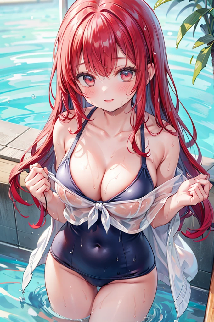 red-haired girl, naked, bathing, beautiful figure, lake, masterpiece, best quality, swimming, good anatomy, two hands, nipples, cute face, best lightning, red eyes, embarrassment