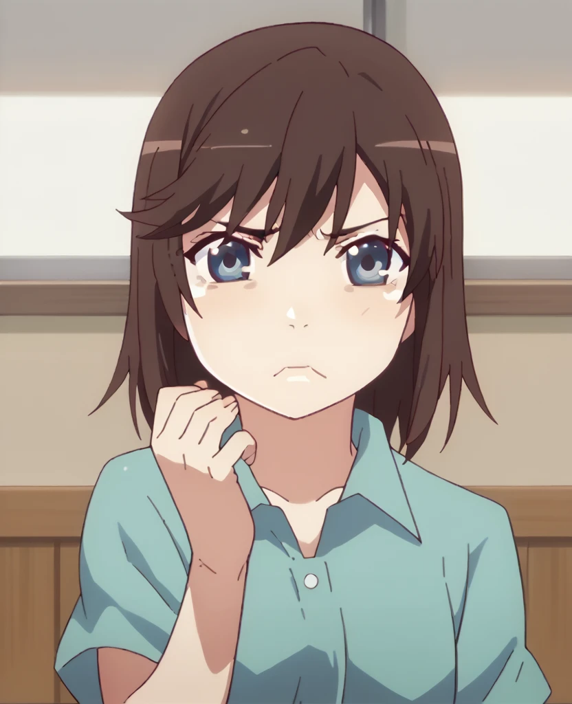 1 girl, brown hair, blue eyes, sad expression, disgust expression, , cute, cover her nose with one hand,cover her nose with one hand, classroom background