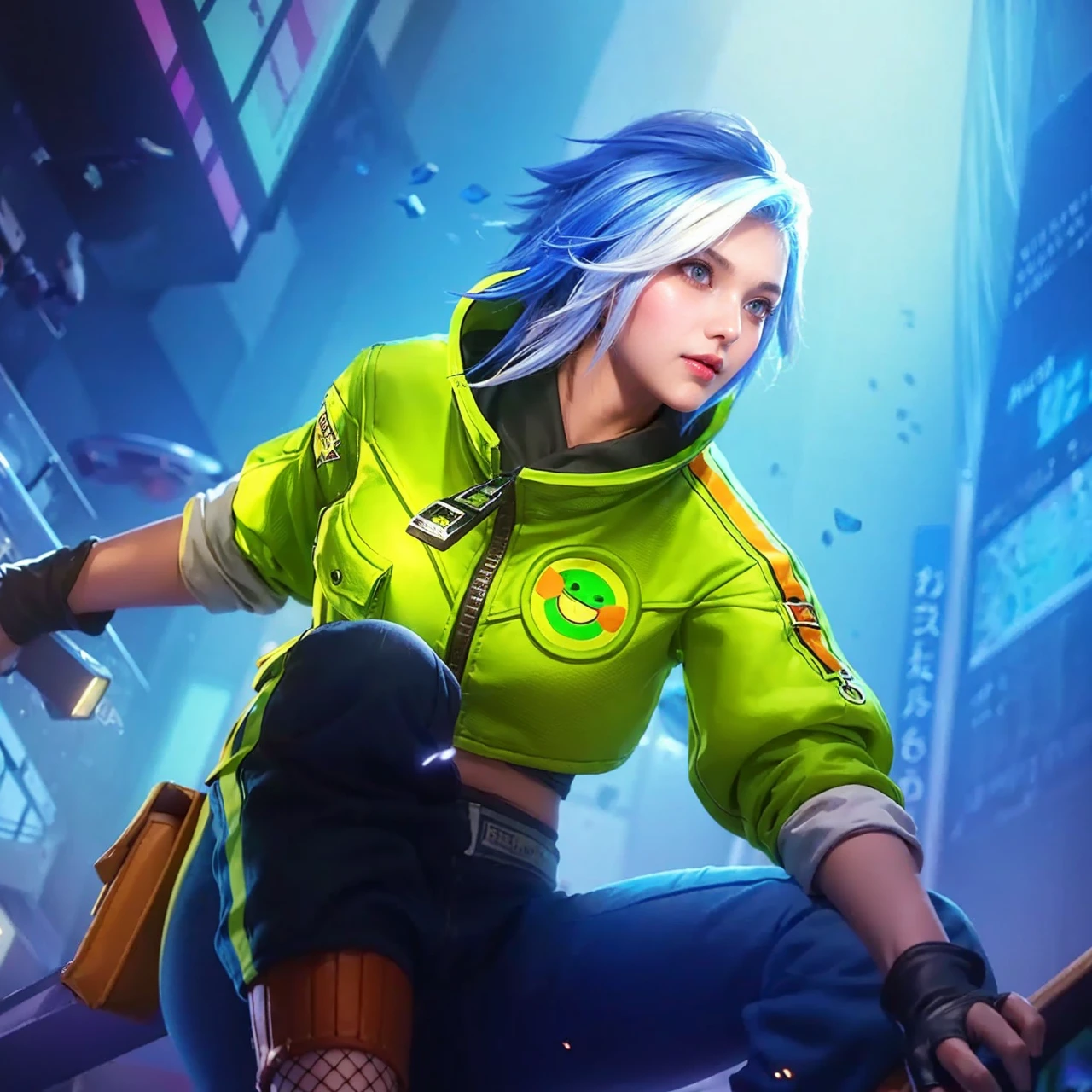 1 girl, solo, cute, looking at viewer, beautiful body, blush, (silver blonde short wavy hair), (small breast), (green eyes), very life-like eyes, stylish casual outfit, beautiful environment, highly detailed, masterpiece, best quality, highest quality, high resolution, (masterpiece:1.2), realistic lighting, incredible lighting