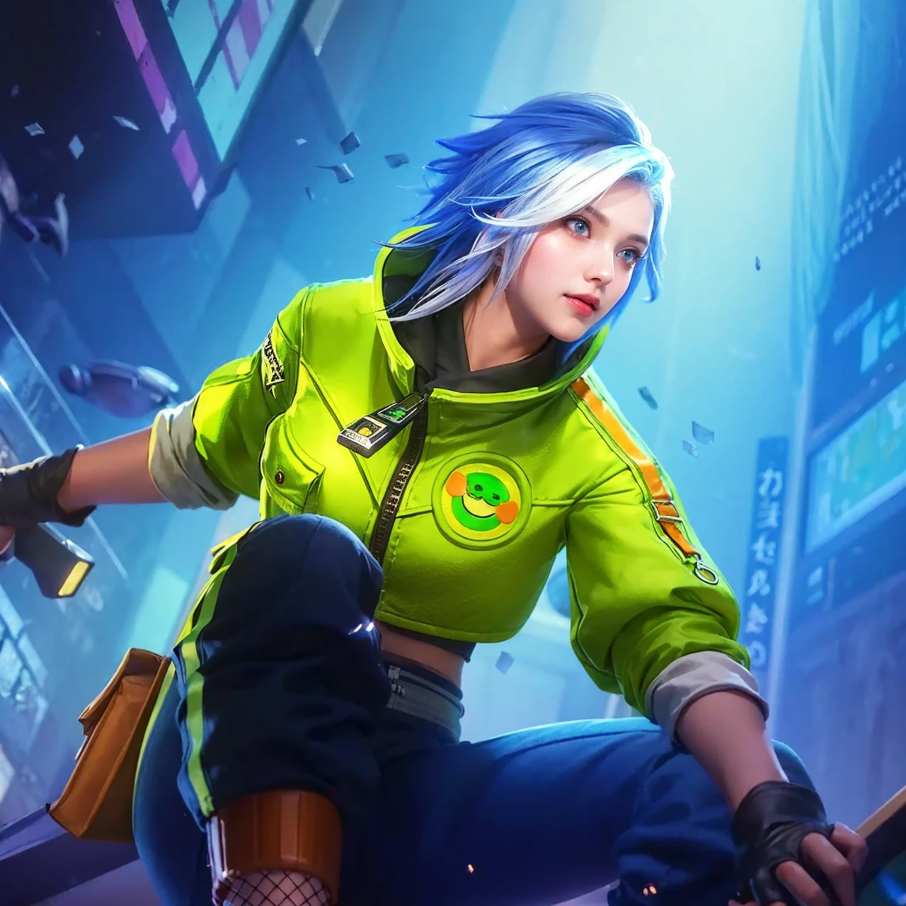 1 girl, solo, cute, looking at viewer, beautiful body, blush, (silver blonde short wavy hair), (small breast), (green eyes), very life-like eyes, stylish casual outfit, beautiful environment, highly detailed, masterpiece, best quality, highest quality, high resolution, (masterpiece:1.2), realistic lighting, incredible lighting