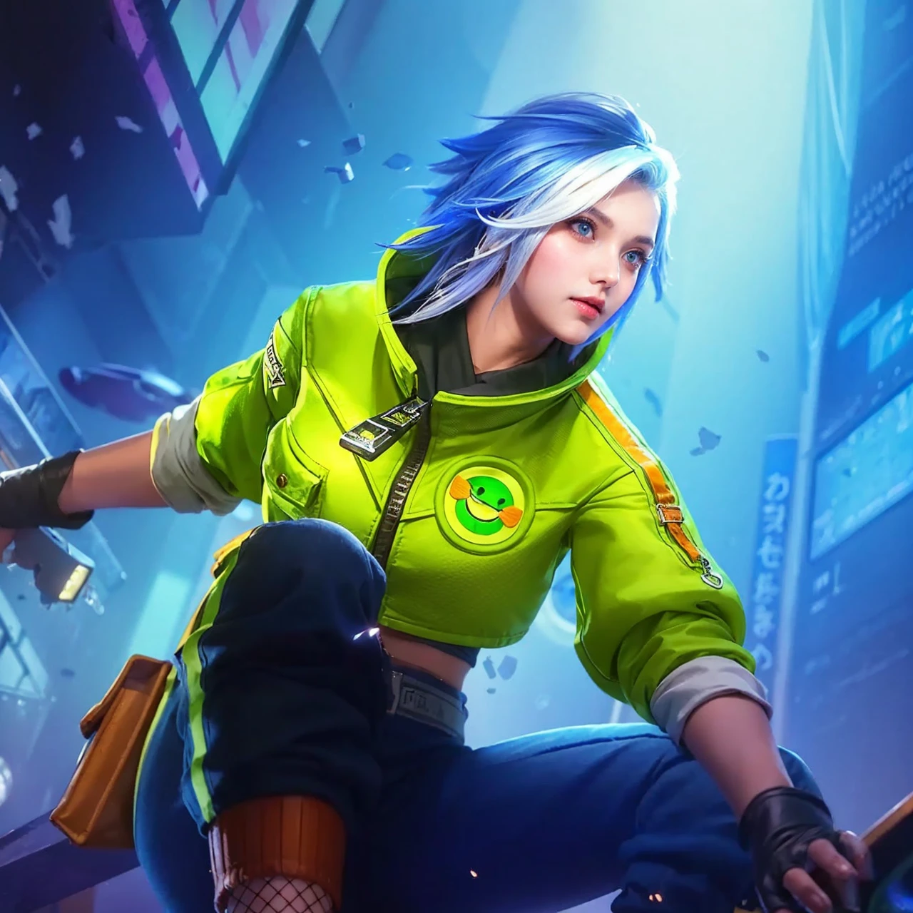 1 girl, solo, cute, looking at viewer, beautiful body, blush, (silver blonde short wavy hair), (small breast), (green eyes), very life-like eyes, stylish casual outfit, beautiful environment, highly detailed, masterpiece, best quality, highest quality, high resolution, (masterpiece:1.2), realistic lighting, incredible lighting