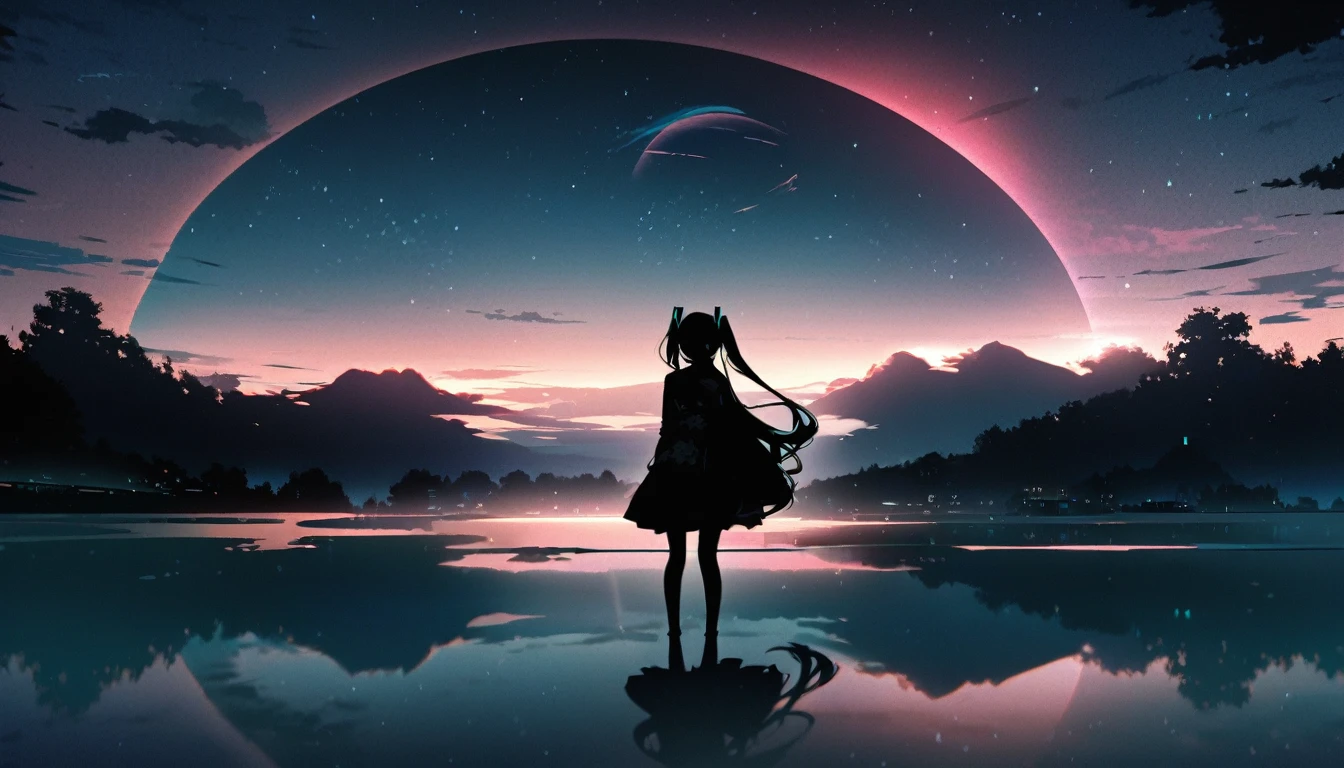 Highest quality, masterpiece, animation,Hatsune Miku gazing at the beautiful moon in the night sky,One person、Landscape, Double exposure, Light and shadow contrast、My Revolution、