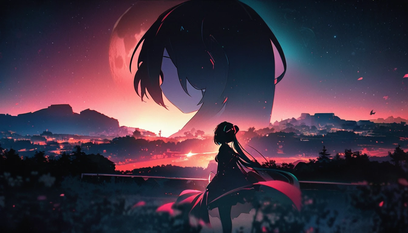 Highest quality, masterpiece, animation,Hatsune Miku gazing at the beautiful moon in the night sky,One person、Landscape, Double exposure, Light and shadow contrast、My Revolution、