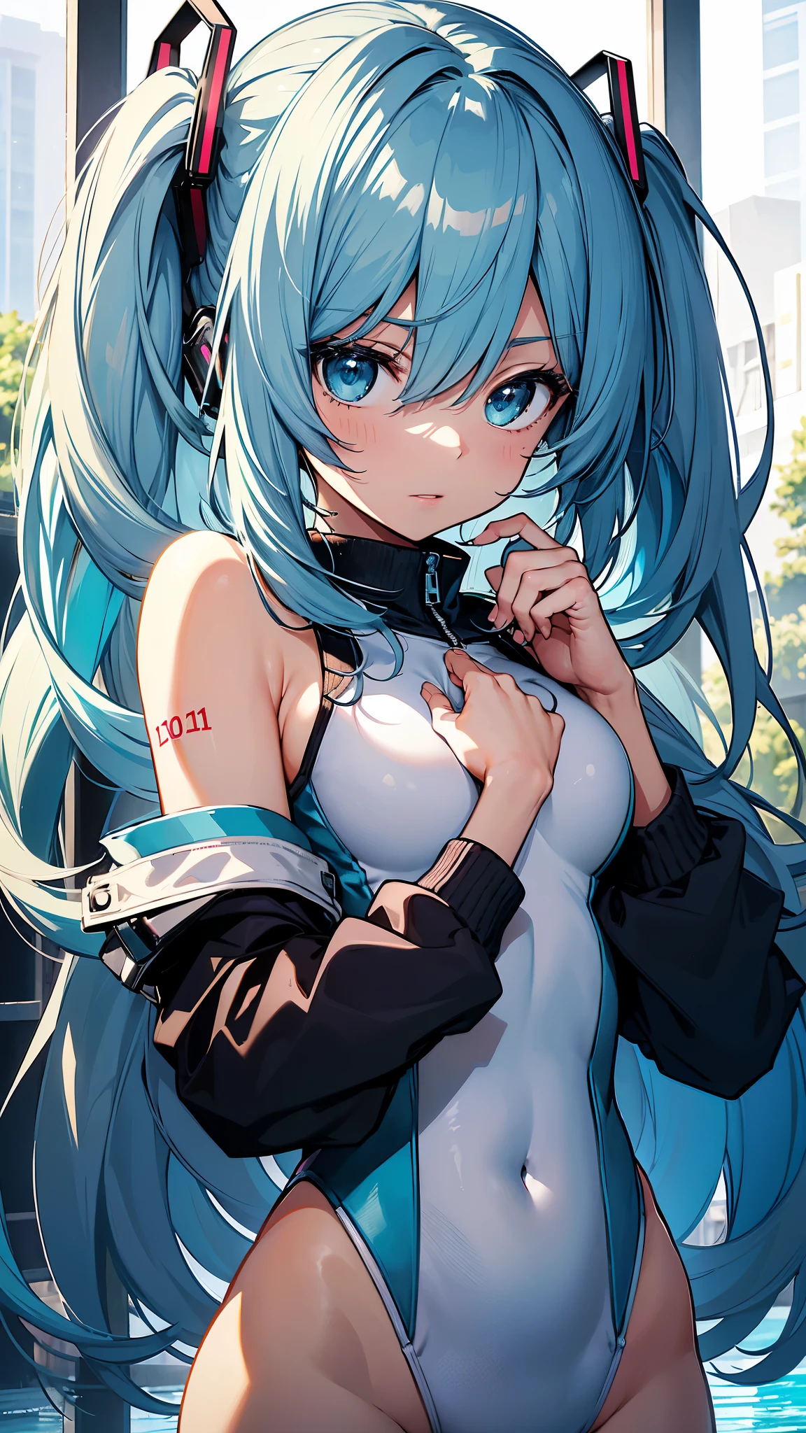 (Official Art、Highest quality、Unity 8k wallpaper、32k、 masterpiece、Ultra-detailed、High resolution,Perfect Anatomy),(Natural soft light:1.2),Beautiful face and eyes in every detail,20 year old beauty、Hatsune Miku VOCALOID, Twin tails,Light blue hair, Light blue eyes, Long Hair,(Slim lower body:1.5,skinny:1.3,Ideal body proportions,Medium chest)、Beautiful hand with five fingers、White competitive swimsuit,Pool、