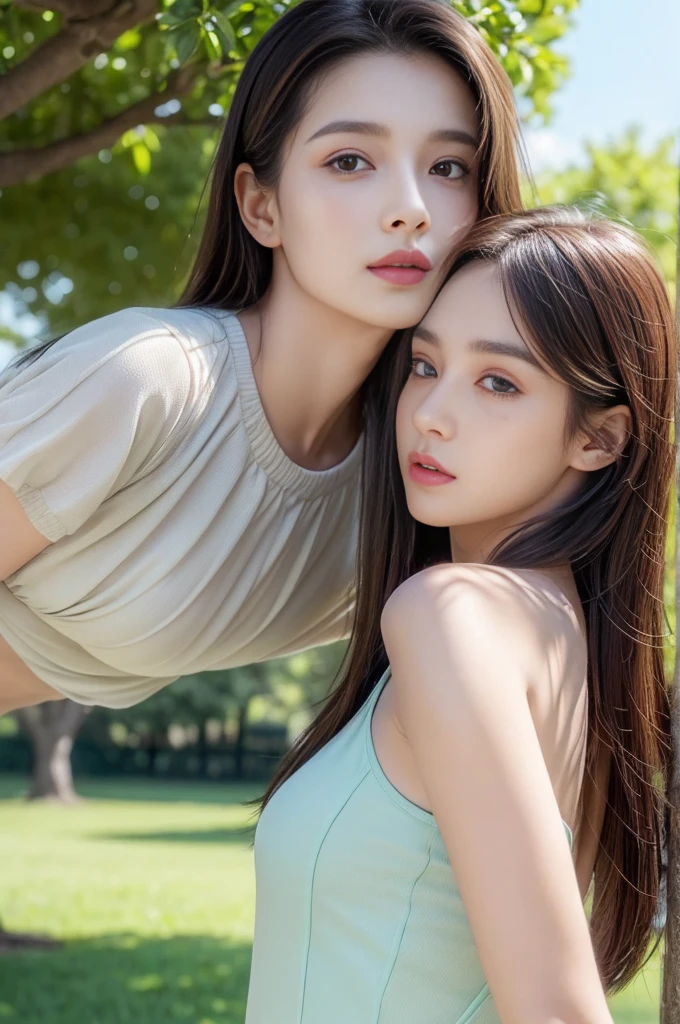 best quality, masterpiece, Ultra-fine high resolution, (Practical: 1.4),outdoor, (2 girls: 1.2), (portrait,Upper Body:1.2) ,(2 girls,Back to Back,Stand under a big tree: 1.4),Thin body, High school girl, (from the side), (best quality:1.4), 32k resolution, (Practical:1.5), (超Practical:1.5), High resolution 32k UHD, (masterpiece:1.2)), (quality improvement:1.4), (Very nice facial details), (best quality realistic skin texture:1.4),