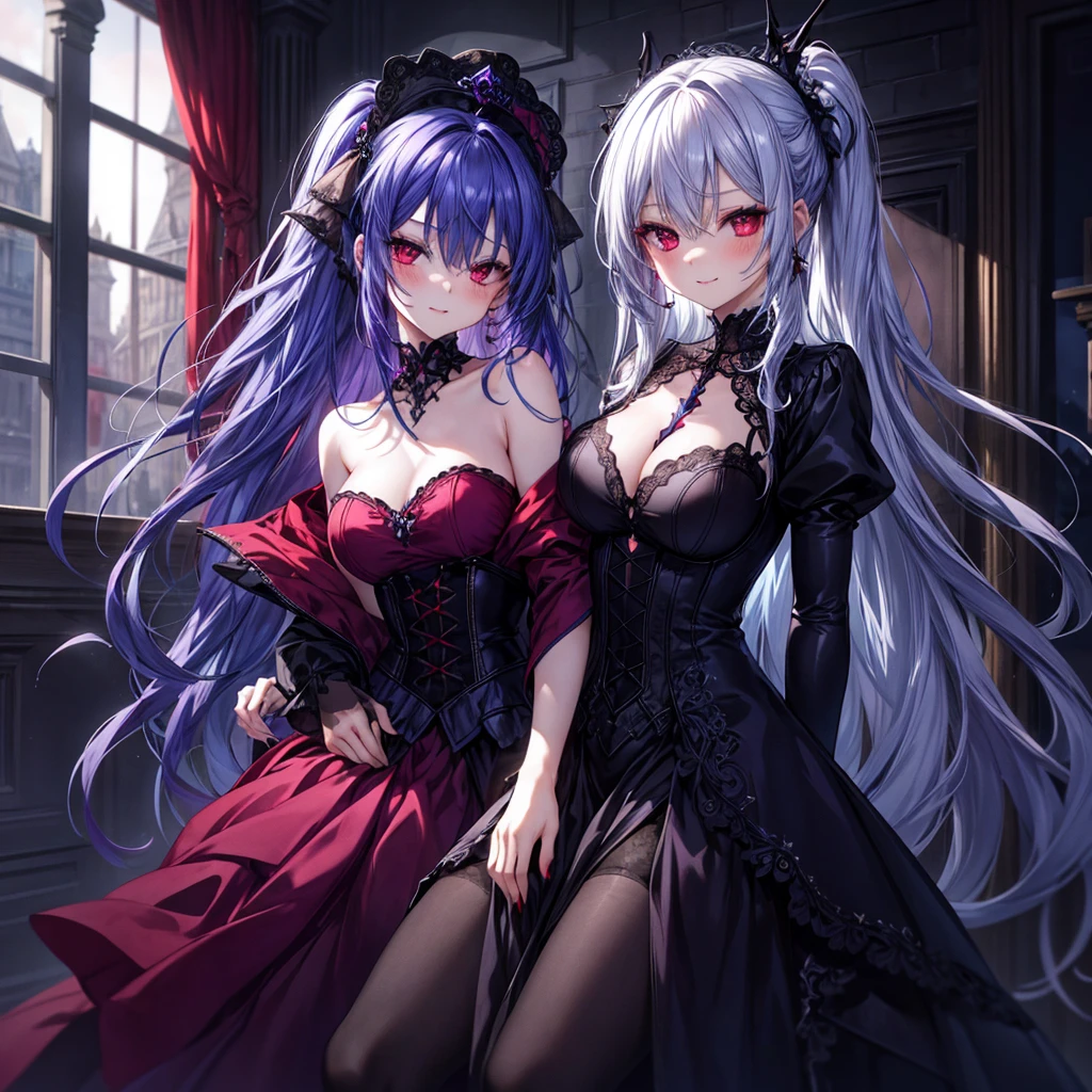 high quality, High resolution, beautiful, detailed, woman, Blue-violet hair, Mid-length hair, Red eyes, slim, blush, Mischievous(Sexual), vampire,dress, sexy, Gothic, Dark fantasy, mysterious, complicated,