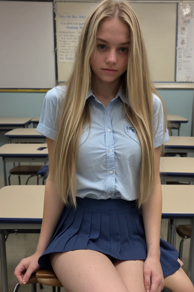 A 18-year-old blonde woman, ((hiperrealismo))textured skin, goosebumps, perfect eyes. Blonde hair with light brown roots. cabello rubio, Hair with brown roots, really long hair, extra long hair. photo taken with iPhone, Porta 160 color. Provocative pose. College light sky blue shirt, college dark blue skirt, at the classroom. Photo taken with iPhone. Cosplay. Blue uniform. Photo Taken with iPhone. Sitting Spreading legs, showing vagina