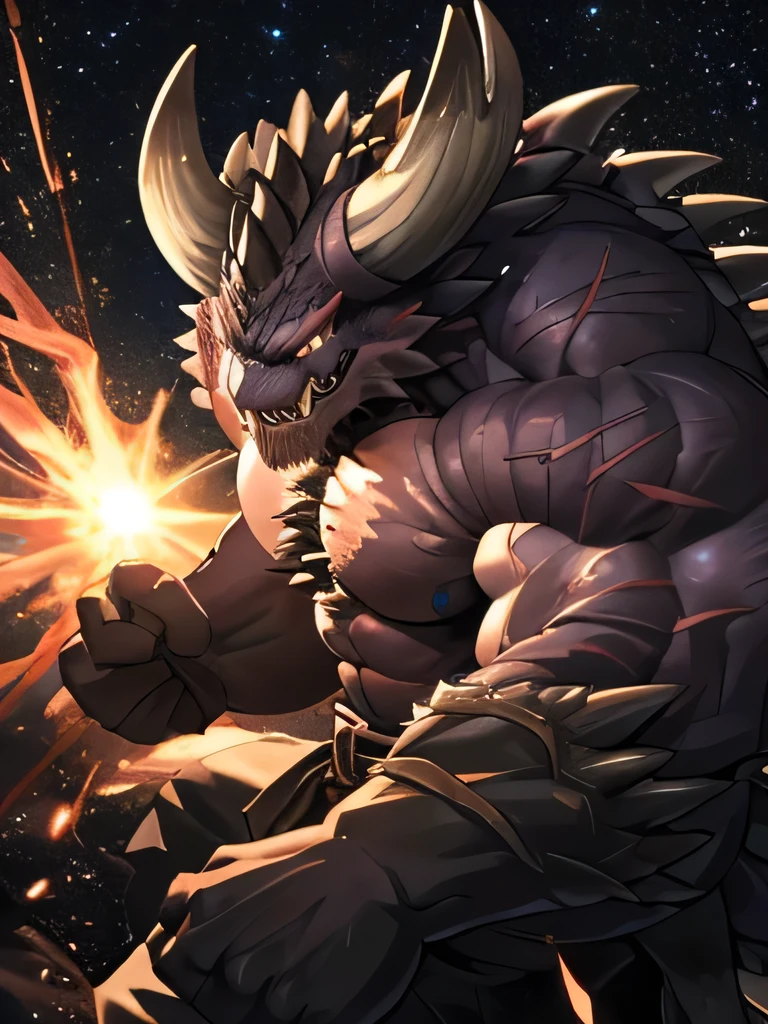 (best quality,4K,8K,high resolution,masterpiece:1.2),Extremely detailed,Practical:1.37,Solitary,1 boy,Huge muscle old man( Furry Nergigante),angry,VFX Light Particles, pectoral,huge pectoral,wide pectoral,Short white hair,Bearded,Dark background,Strong expression,Dynamic poses,Epic battle scenes,Glowing eyes,Dark energy,Dramatic Lighting,Dramatic shadows,Strong color contrast,Strong muscle lines,Battle scars,resolute determination,Like an old warrior,Dramatic visuals,Intense energy release,Blazing breath,Iconic starry galaxy background.