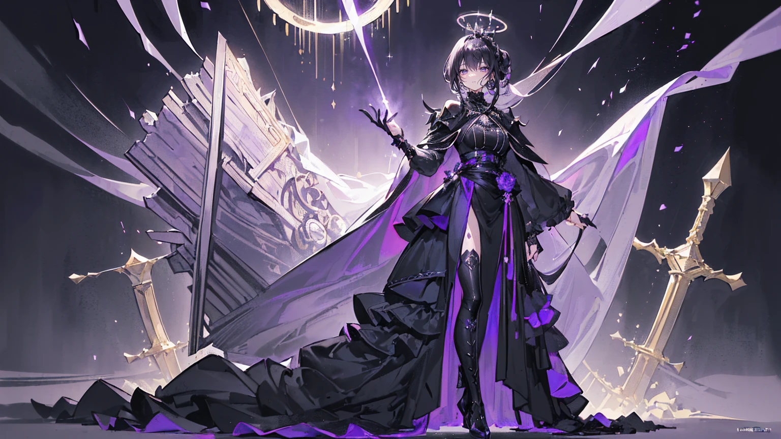 (Super detailed)),((illustration)),((masterpiece)),(((need))),((fine、Highest quality CG Unity 8K wallpapers,masterpiece),((4K,masterpiece,best quality)),Black hair queen,Waist-length hair,Royal sister,Sexy,Tall figure,Lilac eyes,Standing upright in a coffin,mummy,The whole body is wrapped in bandages,There is a coffin beside him,Mature,Hair Bunch,Hair tied on both sides,Black and purple French vintage clothing,Gorgeous pure black cape,Black veil,Purple-white halo,Black purple boots,Wearing a crown on the head,Holding a knight's sword,pyramid,Emitting dim purple light,Brilliant palace,Mysterious symbols,individual,Emit a dim light,Full body picture
