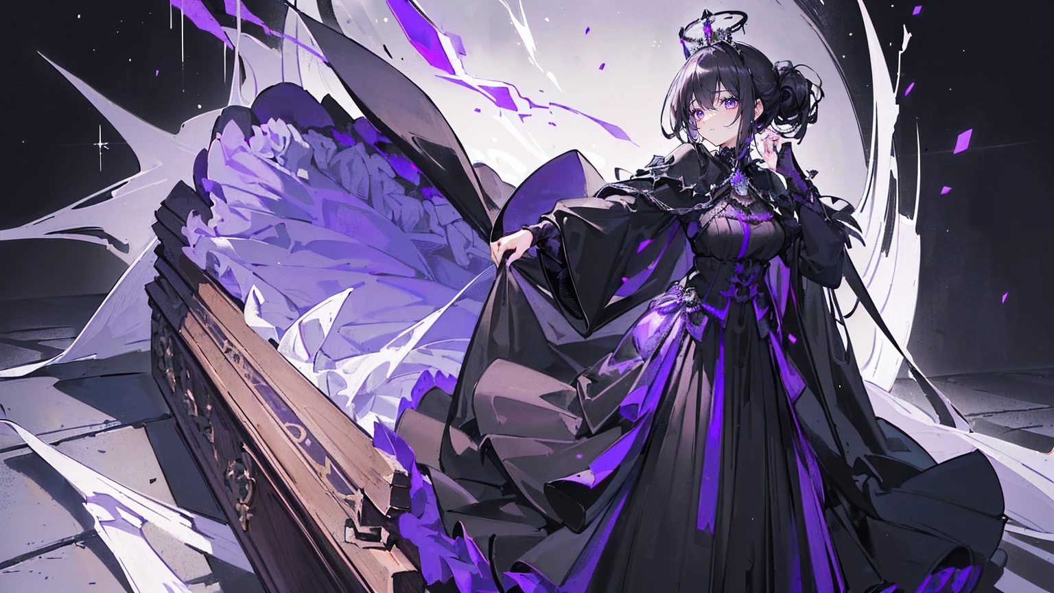 (Super detailed)),((illustration)),((masterpiece)),(((need))),((fine、Highest quality CG Unity 8K wallpapers,masterpiece),((4K,masterpiece,best quality)),Black hair queen,Waist-length hair,Royal sister,Sexy,Tall figure,Lilac eyes,Standing upright in a coffin,mummy,The whole body is wrapped in bandages,There is a coffin beside him,Mature,Hair Bunch,Hair tied on both sides,Black and purple French vintage clothing,Gorgeous pure black cape,Black veil,Purple-white halo,Black purple boots,Wearing a crown on the head,Holding a knight's sword,pyramid,Emitting dim purple light,Brilliant palace,Mysterious symbols,individual,Emit a dim light,Full body picture
