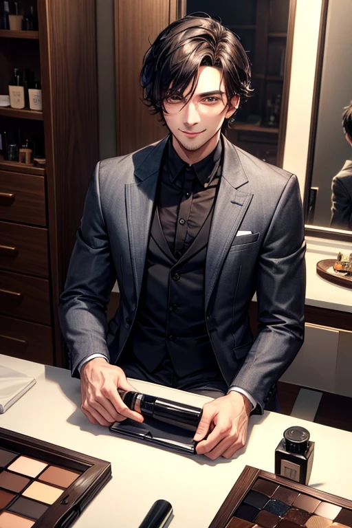 （（Tabletop））,Black-haired man, 30 years old, looking at the camera,Expressionless,Hazelnut Eyes,short hair,2 block hairstyle,Handsome face,Jacket,Suit pants