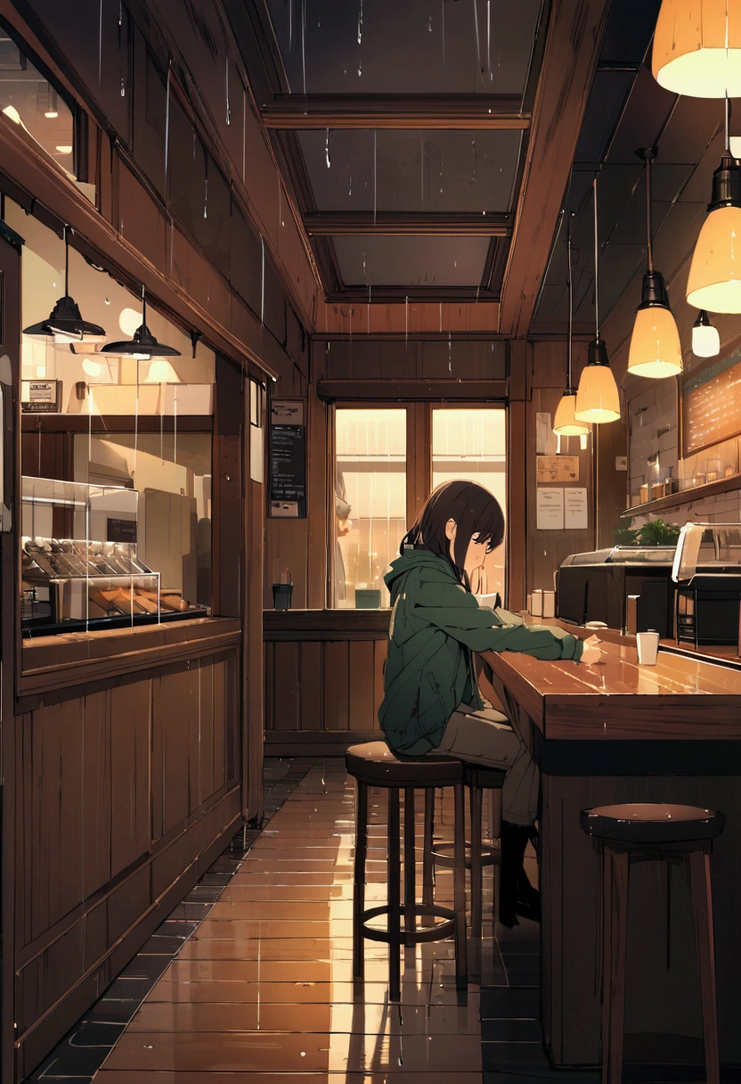 Inside the coffee shop, rain, Highest quality