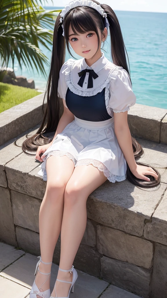 ((masterpiece)), ((highest quality、Ultra high definition)), (Very detailed),8K、Photo quality、((Amazingly cute girl)),)), Two people, , (Beautiful emerald blue eyes), ((smile)),In the open-air bath overlooking the sea, Beautifully arranged black hair in twin tails、スリムボディー、((Cute lolita maid stylimsuit))、Professional Lighting、(White lace knee-highore detailed and beautiful)、(More details and cutenesore realistic)、(((Just wear light clothing)))、プールではしゃぐ、