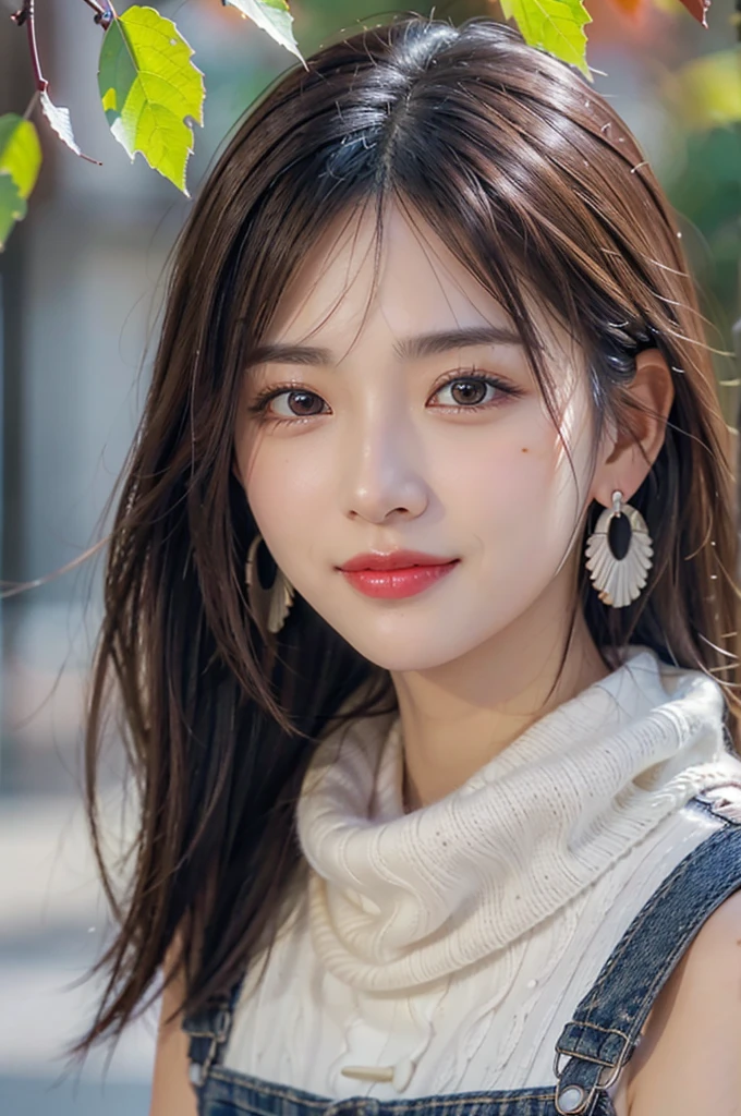 (RAW shooting), (((Overall image)))、35age、Thick red sweater、White scarf around neck、Long thin earrings、Round eyes、Cheek on ear、correct、make、smile、Biting the lower lip、(((Close one eye and wink)))、Soft lips、誘惑的なsmile、Sparkle、Darker lipstick、Cheek on nose、(Autumn leaves)、((Watery eyes))、Asymmetrical Hair、Real Skin、Blonde Hair、Very realistic,Gray Hair、Messy Hair、Hair behind the ear、Floating Hair、Boyish Hair、Blunt bangs、Drop Shadow、Hyperrealism、Contemporary Art、shine、reflected light、Ultra Wide Angle、16K、Super detailed、最high quality、uhd、Anatomically correct、Awards、最high quality、Ultra high detail、high quality、High resolution、Textured skin、correct、masterpiece、