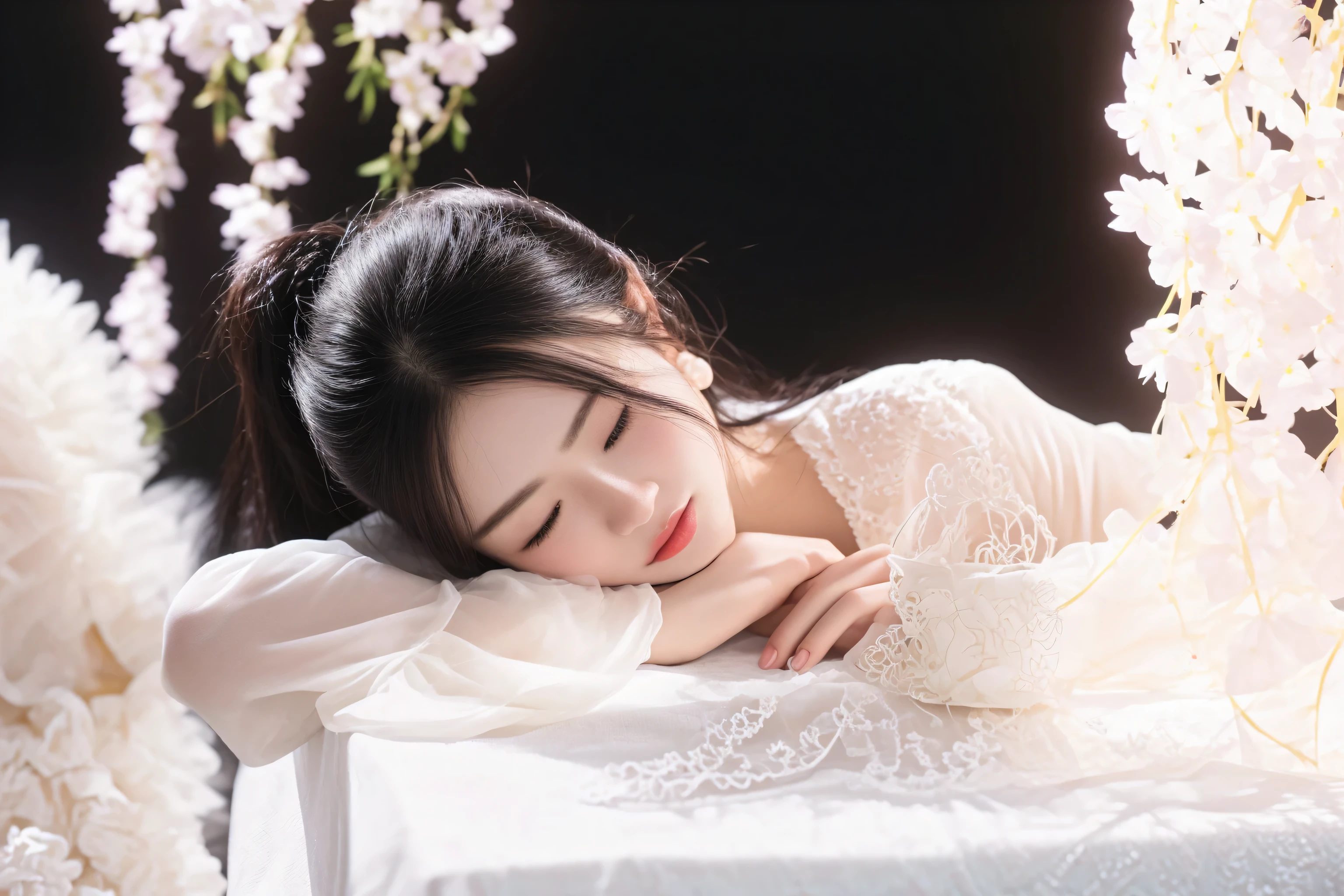 there is a woman laying on a table with a glass of wine, lie on white clouds fairyland, palace , a girl in hanfu, lovely languid princess, dreamy atmosphere and drama, peaceful and graceful, sha xi, inspired by Tang Yin, taken with canon 8 0 d, portrait of a woman sleeping, photo taken with nikon d 7 5 0
