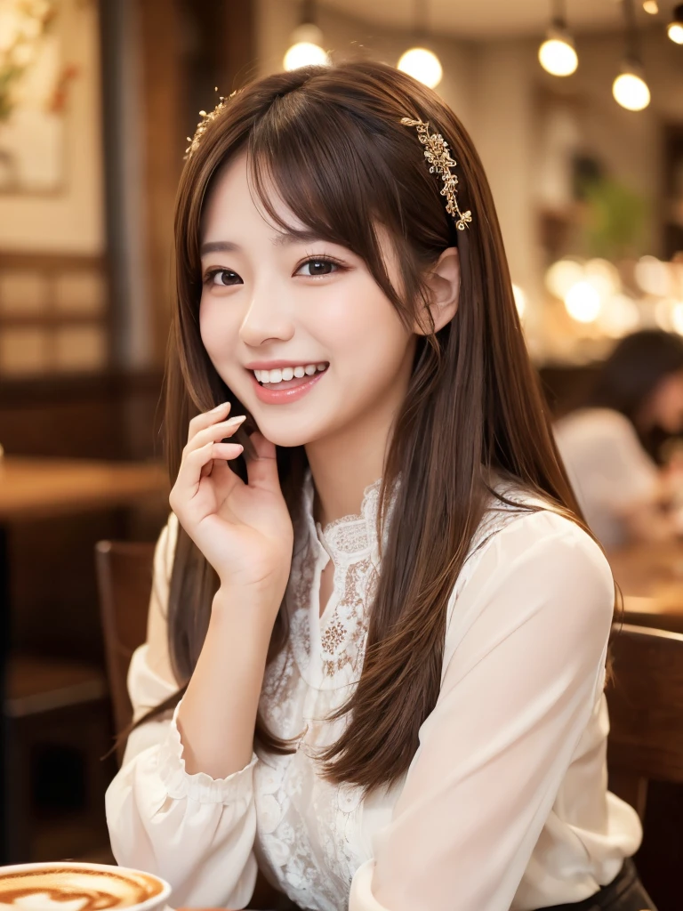 (With a girl、、Brown hair、Semi-long hair、Straight hair、hair ornaments、Light brown eyes、Laughter、、Cute Face)、masterpiece、Highest quality、Blouse with lace、Black trousers、restaurant、toast、coffee