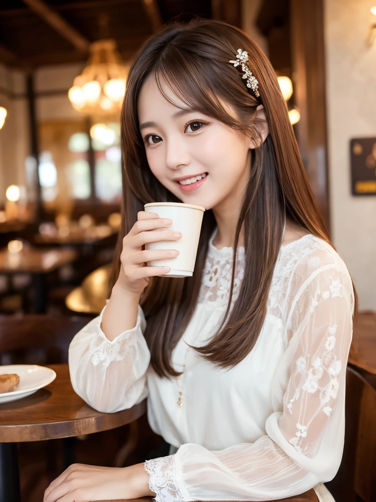 (With a girl、、Brown hair、Semi-long hair、Straight hair、hair ornaments、Light brown eyes、Laughter、、Cute Face)、masterpiece、Highest quality、Blouse with lace、Black trousers、restaurant、toast、coffee