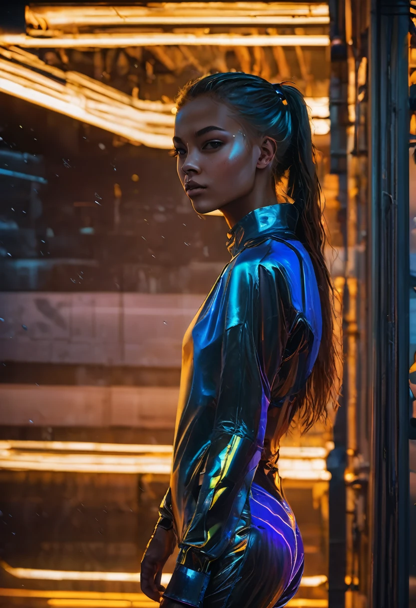Top Quality, Masterpiece, High Resolution, 8k, (((cute skinny barely legal girl in oversized crinkle top and wetlook leggings, bare belly, wide neckline, deep neckline, small perky breasts, beautiful detailed eyes, beautiful detailed lips, small closed mouth, extremely detailed face, long ponytail hair, small hips))), cyberpunk apartment, moody atmosphere, dramatic and random neon colors, futuristic setting, intricate details, at night, backlit, full body shot, view from distance 