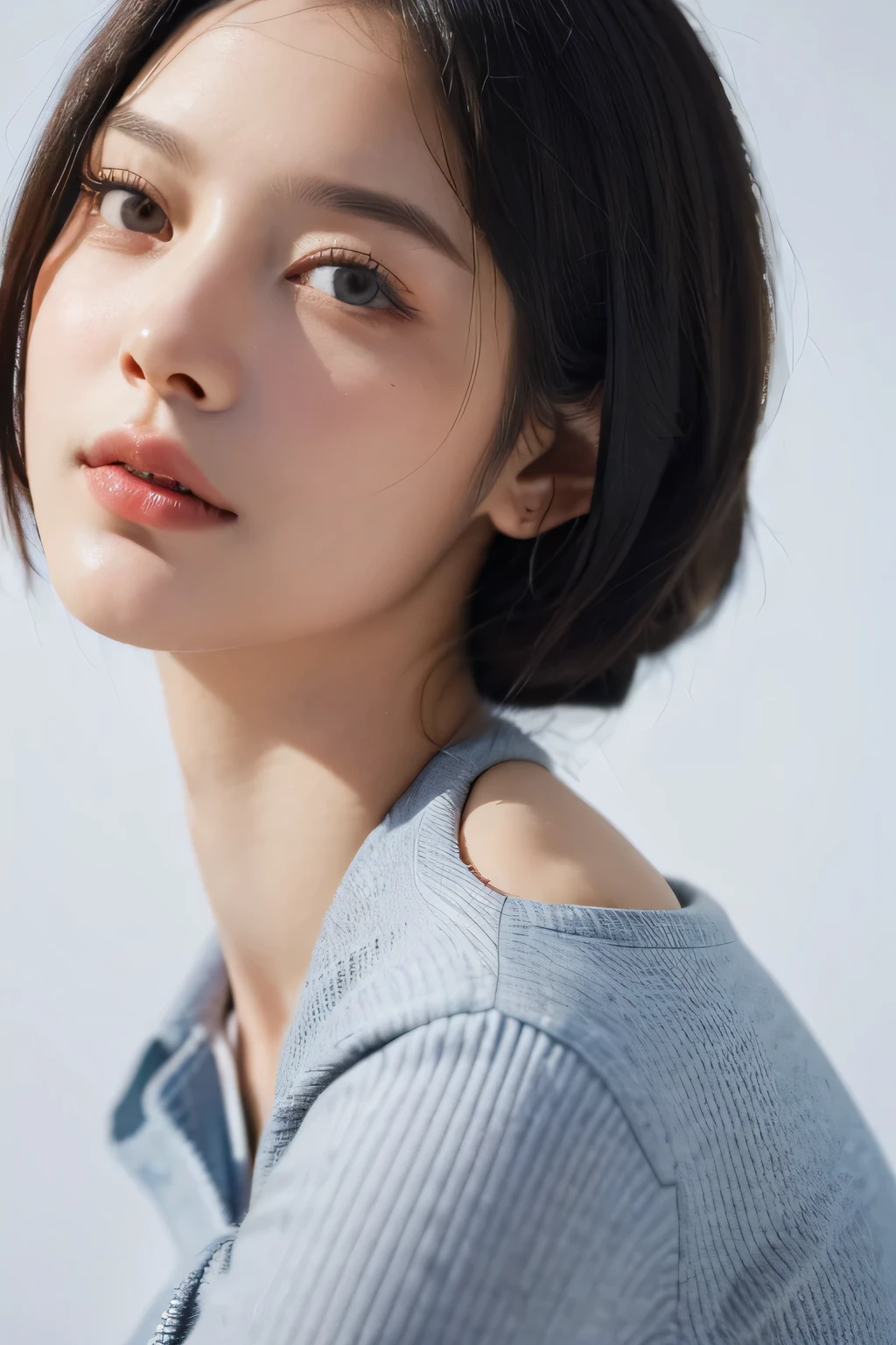 ((Top quality, excellent, very detailed: 1.5)), Beautiful woman, (Head to waist portrait: 2), (Realistic skin texture), Fair skin, Light and shadow contrast, Slim, (Beautiful and perfect face: 1.8), Bob hair, Blue and white striped shirt dress