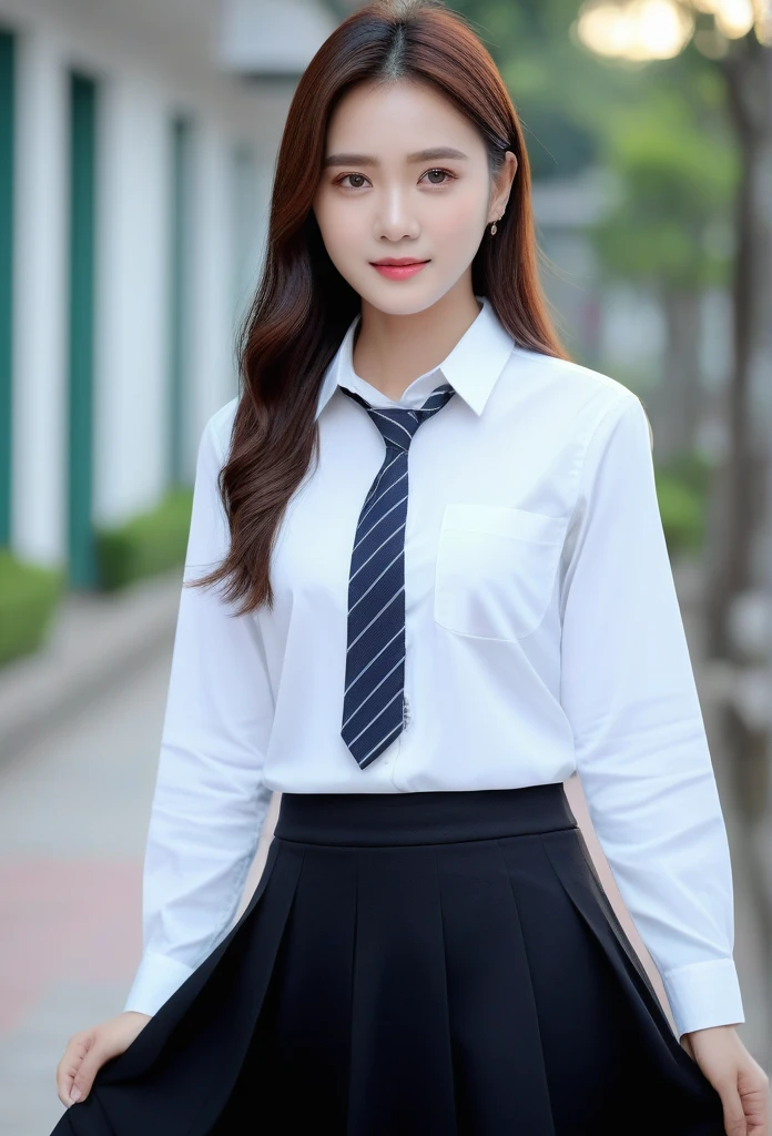 High qualityสุด, Masterpiece, 1 woman, Beautiful face, (ภาพถ่ายที่สมTRUE:1.3), By the light, (Highly detailed skin:1.2), 8g UHD, dslr, High quality, high definition, 4K, 8ก, Bokeh, (TRUE: 1.3), small face, A cute girl, White school shirt, Long chest, Black long skirt,school