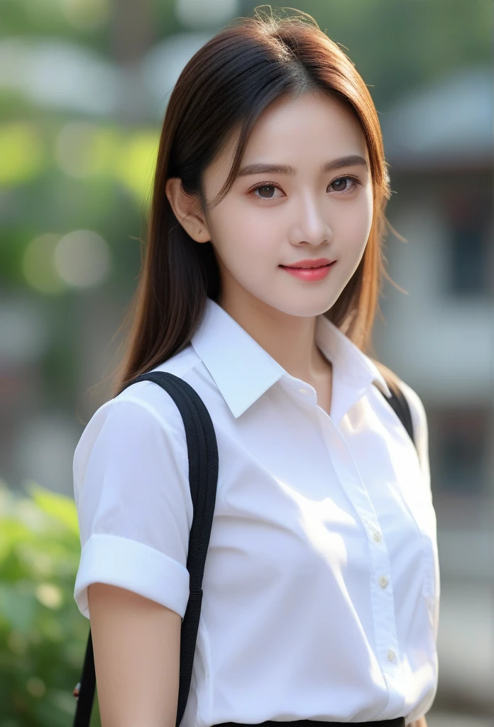 High qualityสุด, Masterpiece, 1 woman, Beautiful face, (ภาพถ่ายที่สมTRUE:1.3), By the light, (Highly detailed skin:1.2), 8g UHD, dslr, High quality, high definition, 4K, 8ก, Bokeh, (TRUE: 1.3), small face, A cute girl, White school shirt, Long chest, Black long skirt,school