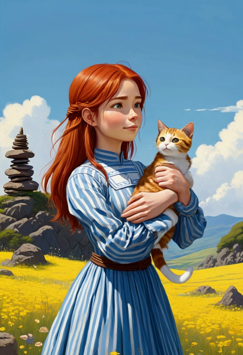 A 20-year-old woman with red, shoulder-length hair is wearing a long-sleeved, Western-style blue dress with a white symbol on her chest. She is standing with her arms outstretched, and on her shoulder is a small, cute, cat-like creature with long ears and yellow and dark brown stripes. The background features a vast, serene landscape with tall cairn structures and a clear sky. Draw it in the style of a Ghibli anime.