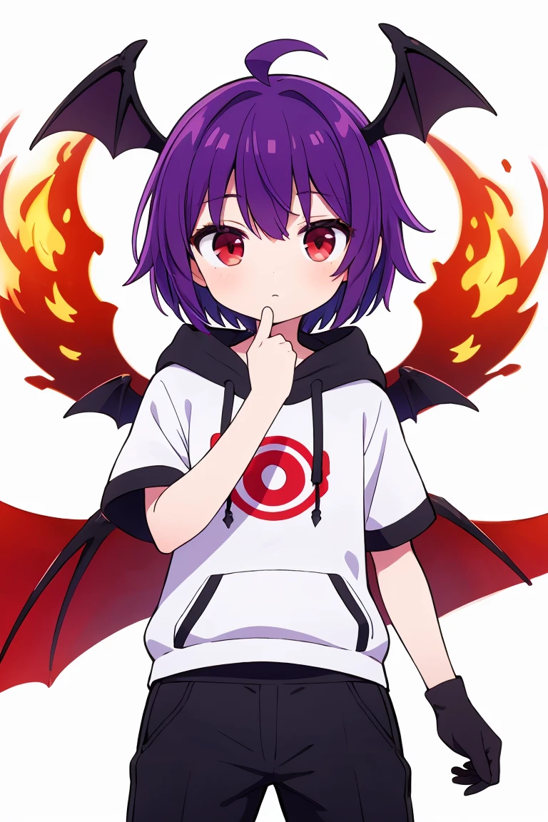 ((masterpiece, Highest quality, Very detailed)), Ahoge, Purple Hair, short hair, Red eyes, Black glove on one hand, Bat Wings, Indigo plain short sleeve hoodie, Black trousers, Manipulating the flames, boy, Mini character, Character portrait, solo, White background
