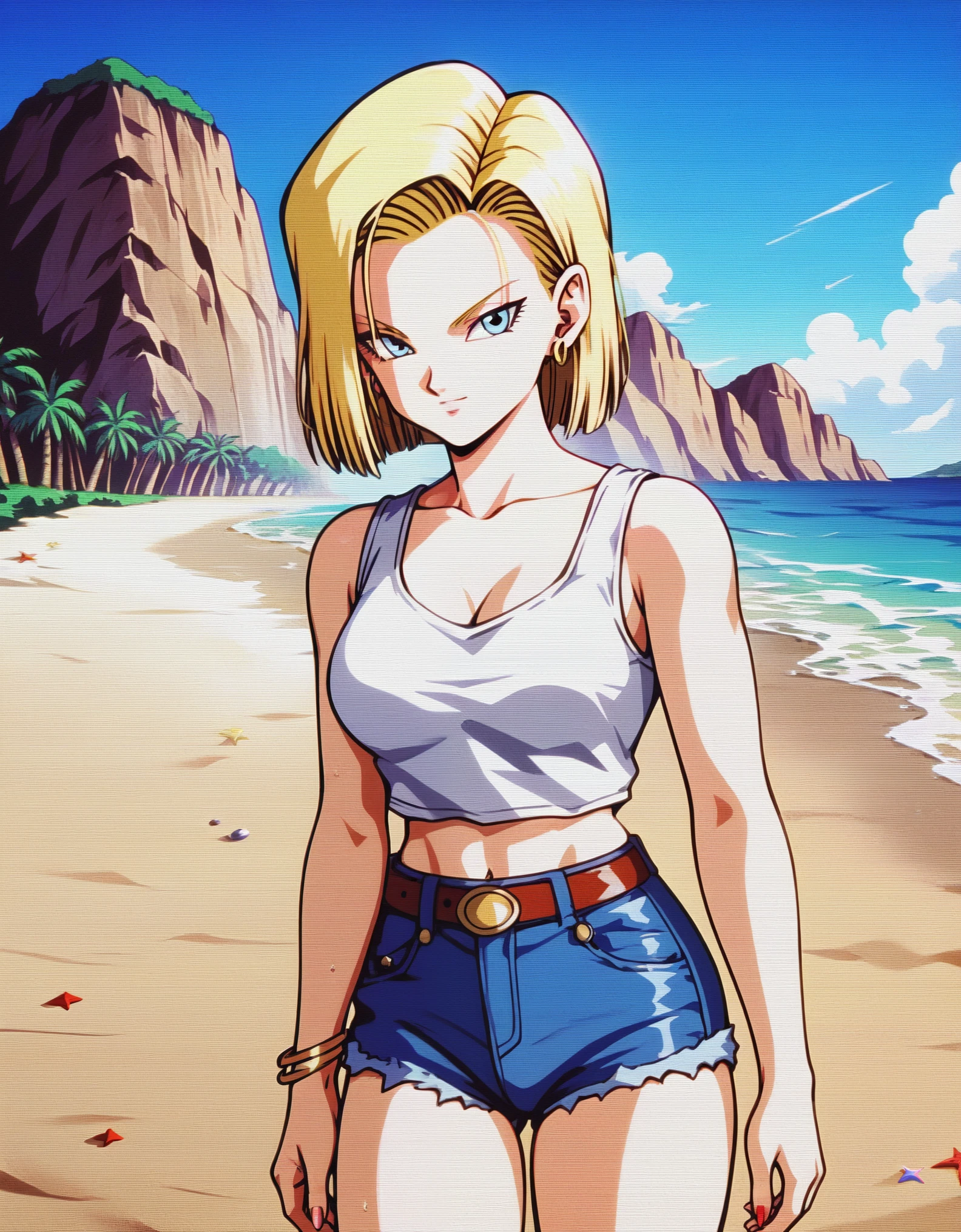 zPDXL2, score_9, score_8_up, score_7_up, source_anime, intricate details, perfect anatomy BREAK, 
1girl, android 18, (dragon ball:0.8), blonde hair, medium hair, blue eyes, denim shorts, 
outdoors, beach, 
retro anime, 1990, scanlines