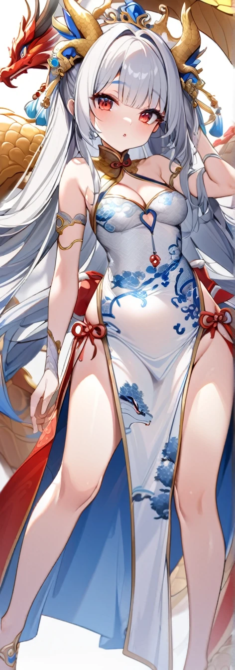 Ultimate Douluo Lan Xuanyu Golden Dragon Princess，Blue and white porcelain cheongsam，Very sexy，Silver hair, one silver and one red eyes，Sexy cleavage loli