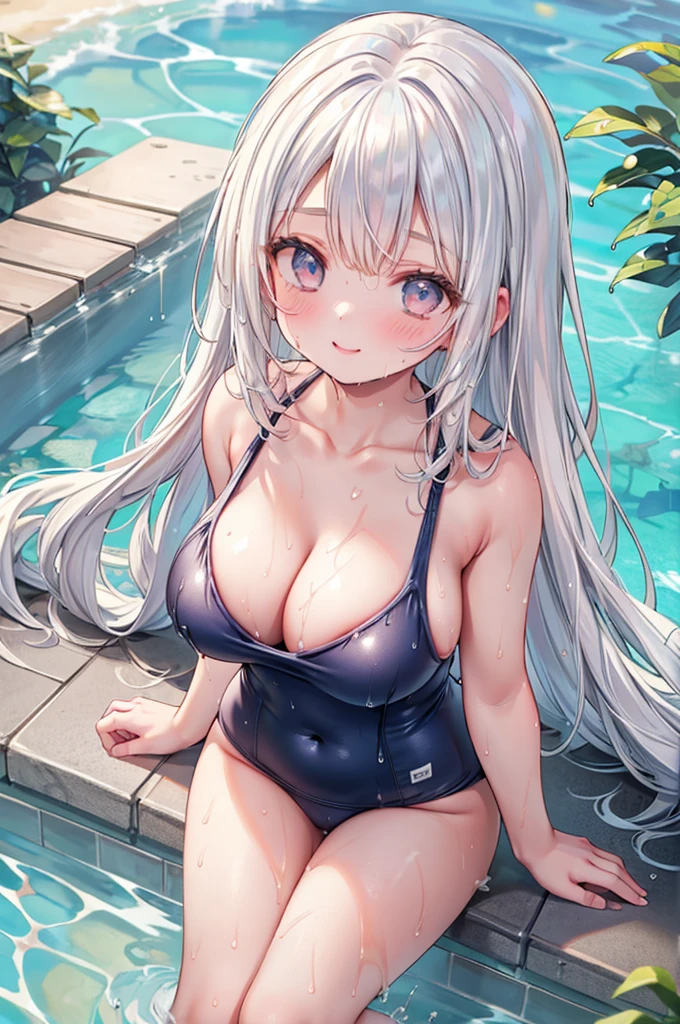 masterpiece, best quality, nsfw,
 1girl, (dark blue school swimsuit, bare shoulders), from above,
 big breasts, hanging breasts, cleavage,
 bring breasts together, puddle in the cleavage,
 white hair, smile,
 (wet body:1.5), school pool,